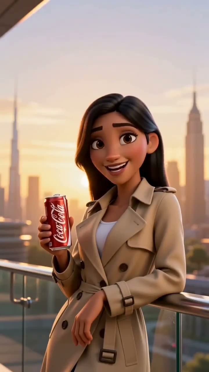 3D animated AI ad frame: a smiling 3D woman in a beige trench coat holds a red cola can on a terrace at sunset