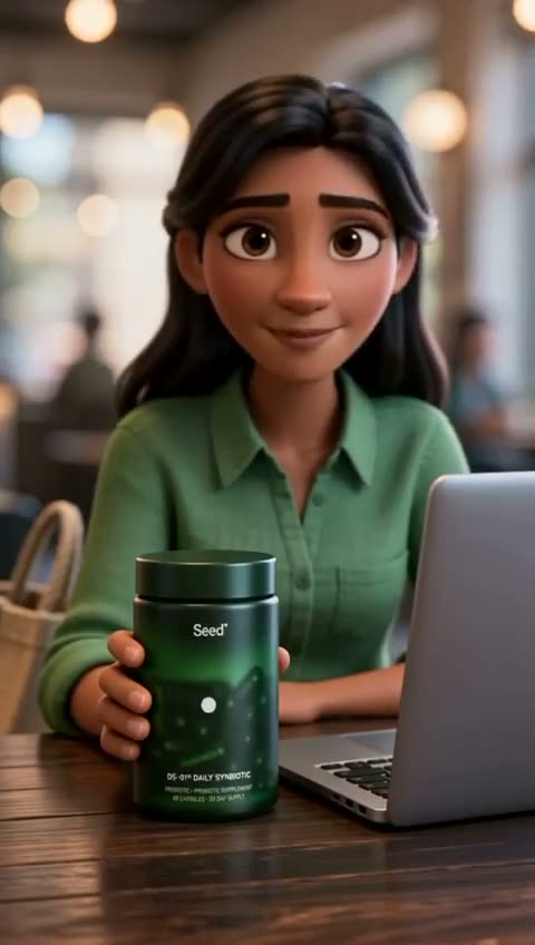 3D animated AI ad frame: a smiling 3D woman in a green shirt holds a dark green supplement jar beside a laptop at a cafe table