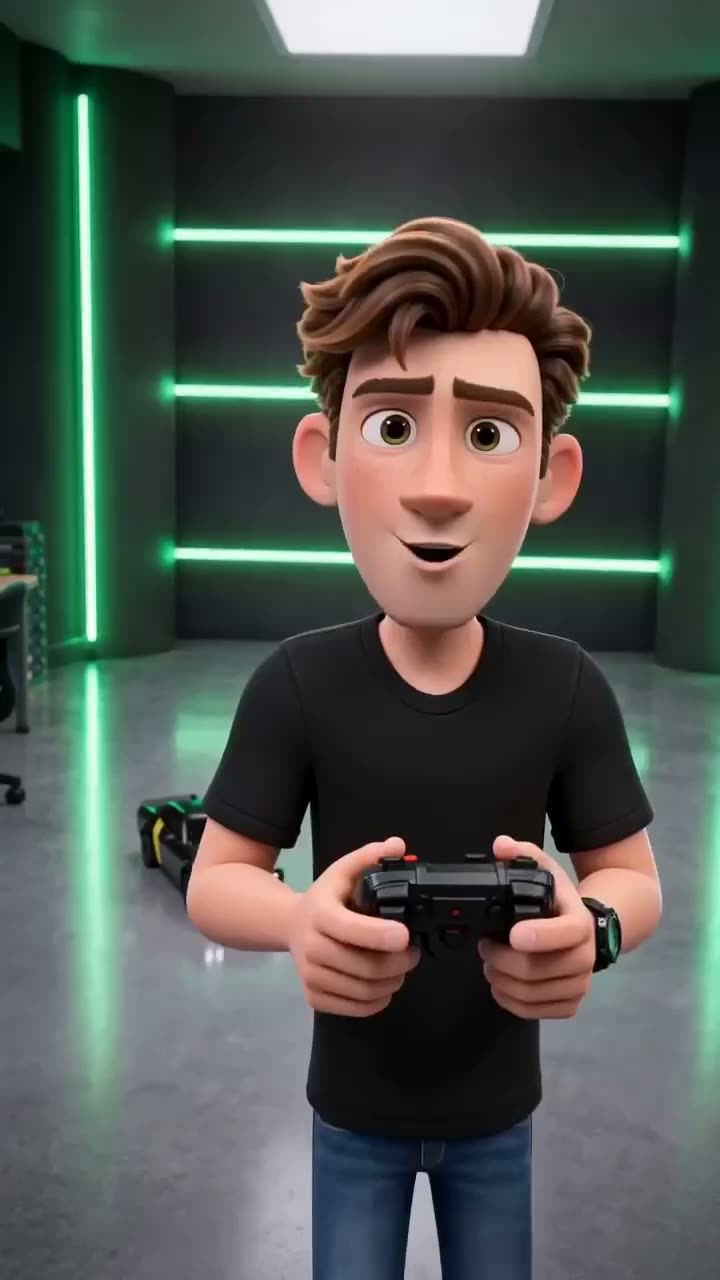 3D animated AI ad frame: a 3D young man in a black T-shirt holds a game controller in a garage lit by green neon strips