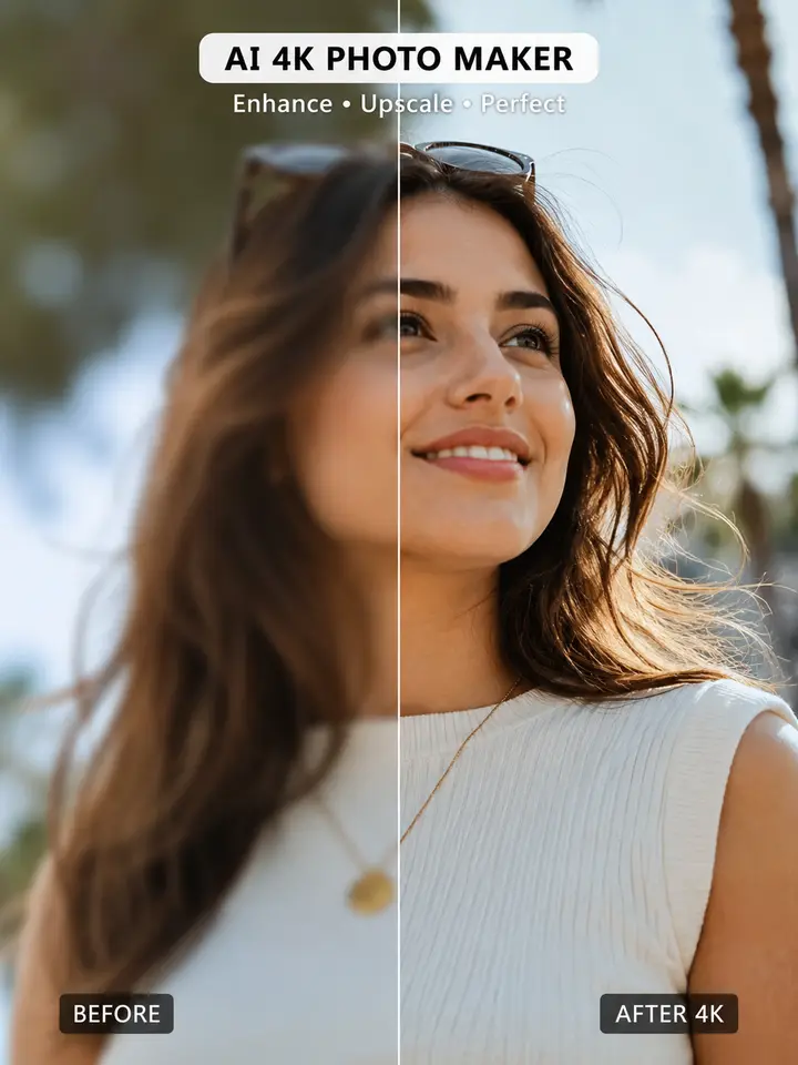 Before and after comparison showing a low-resolution product photo upscaled to crisp 4K with Shhots AI