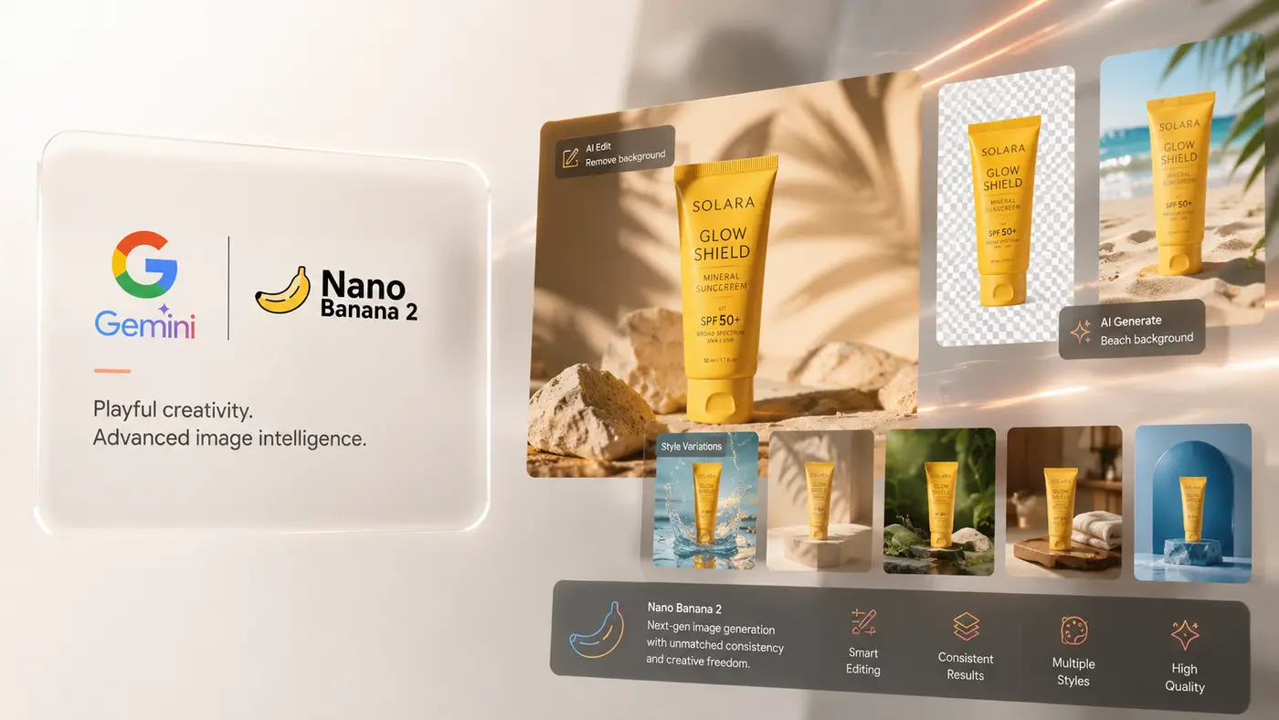 Nano Banana Pro on Shhots AI — Google DeepMind's Gemini-powered image generation and editing model rendering a photoreal ecommerce product visual inside the Shhots AI workspace