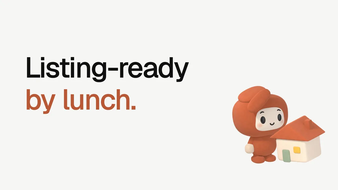 Frame from the real estate studio film: the words Listing-ready by lunch beside the Shhots mascot standing next to a small house with an orange roof