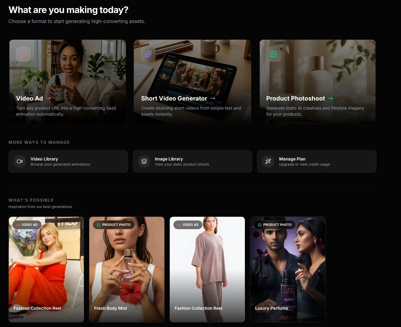 Shhots AI dashboard for AI avatar UGC product ads, video shoots, and product photoshoots