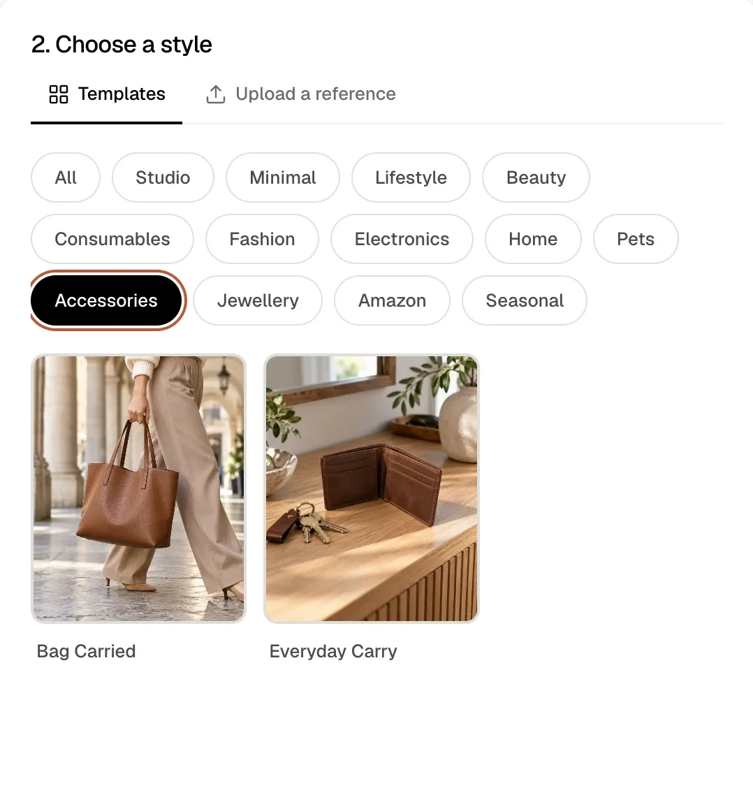 Shhots AI Choose a style screen with the Accessories filter selected, showing the Bag Carried and Everyday Carry photoshoot templates