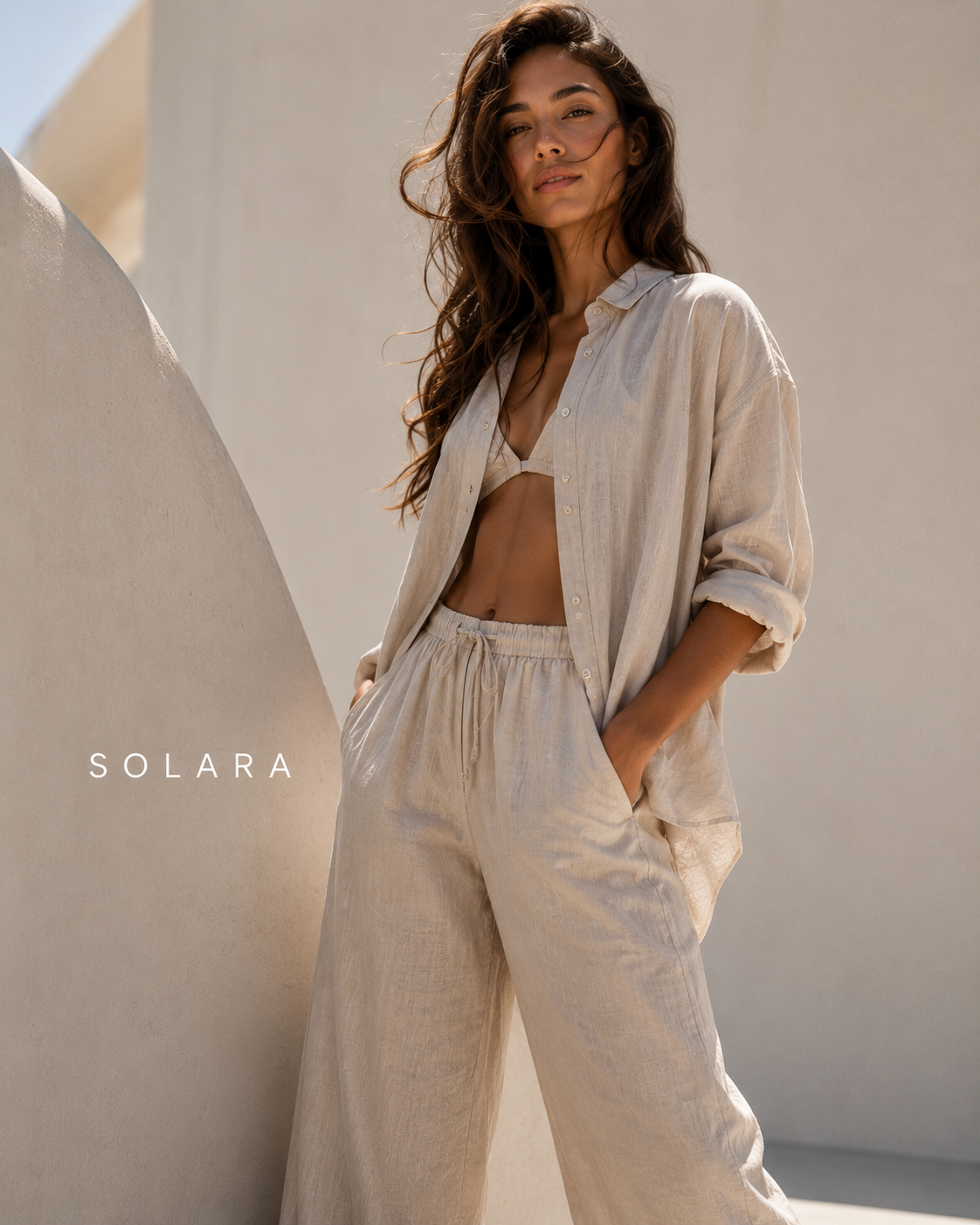 AI-generated Facebook feed image ad for a linen fashion brand, created from a product photo with Shhots AI