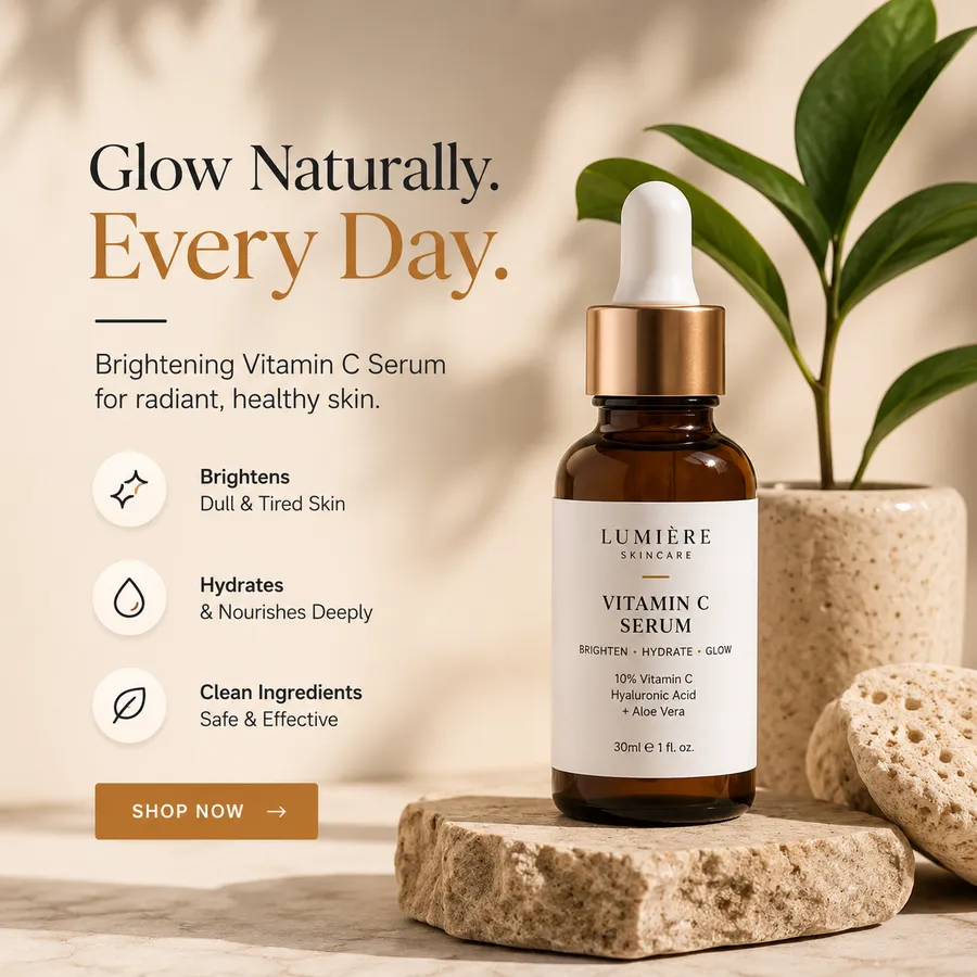 Static ad for an amber glass LUMIÈRE vitamin C serum dropper bottle on a stone slab beside a potted plant, headline Glow Naturally. Every Day., three benefit icons and a Shop now button, made on Shhots AI
