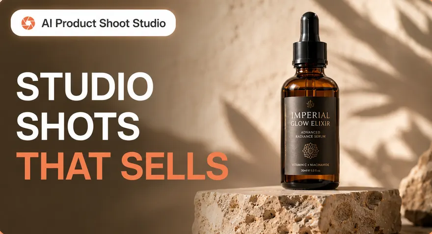 Dark demo card titled Studio shots that sells, with a photo of an amber serum bottle on white