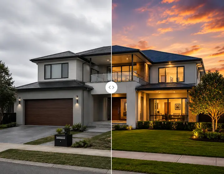 AI real estate photo editing on Shhots AI — before-and-after of a listing photo enhanced with AI sky replacement, HDR balancing and lawn greening for an MLS-ready hero shot