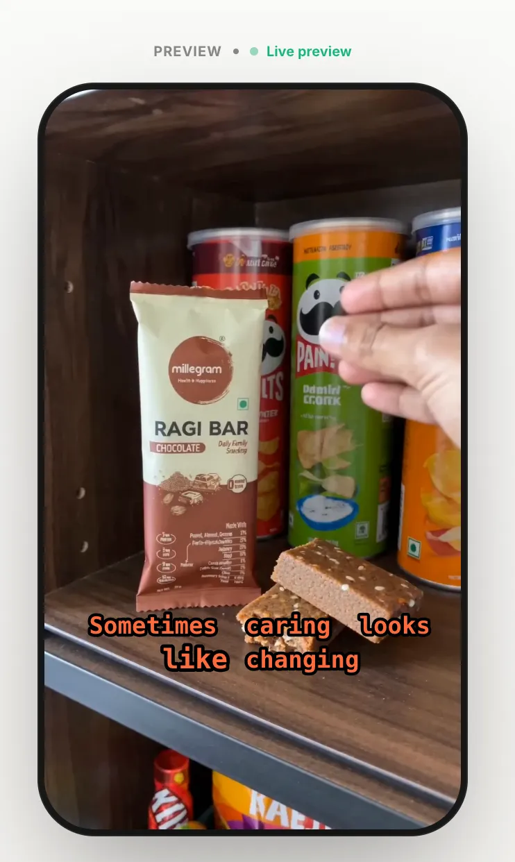 AI auto-caption example in the Karaoke style — word-by-word mint-green fill captions synced to speech on a vertical short-form video by Shhots AI.