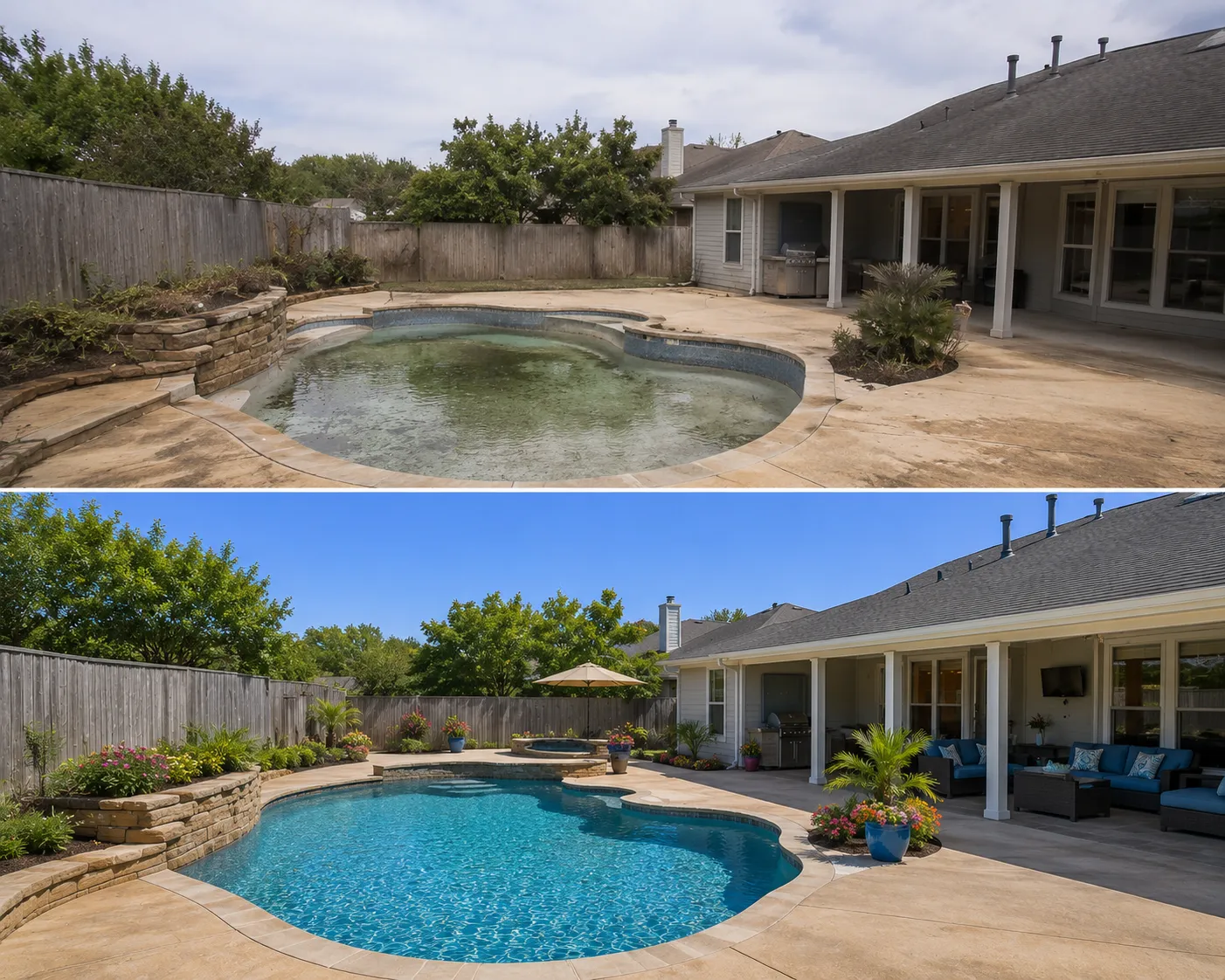 Virtual staging before and after of a backyard listing photo with AI pool water restoration, clear blue water, and freshened landscaping for an MLS-ready outdoor hero shot