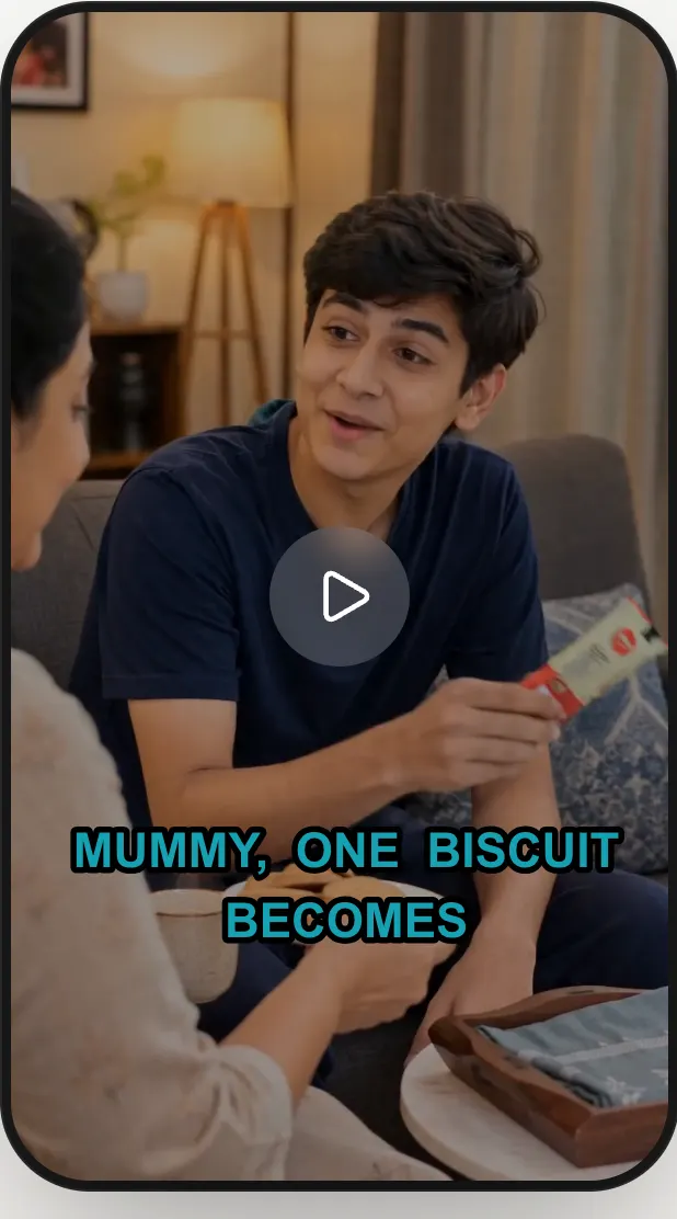 Auto captions preview in the Shhots AI app: a video of two people on a sofa with the caption text burned into the frame