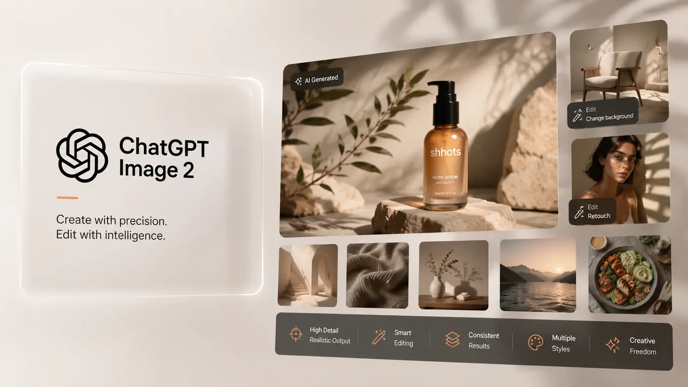 ChatGPT Image 2 on Shhots AI — OpenAI's flagship image generation and editing model rendering an ad creative with sharp typography and faithful layout inside the Shhots AI workspace