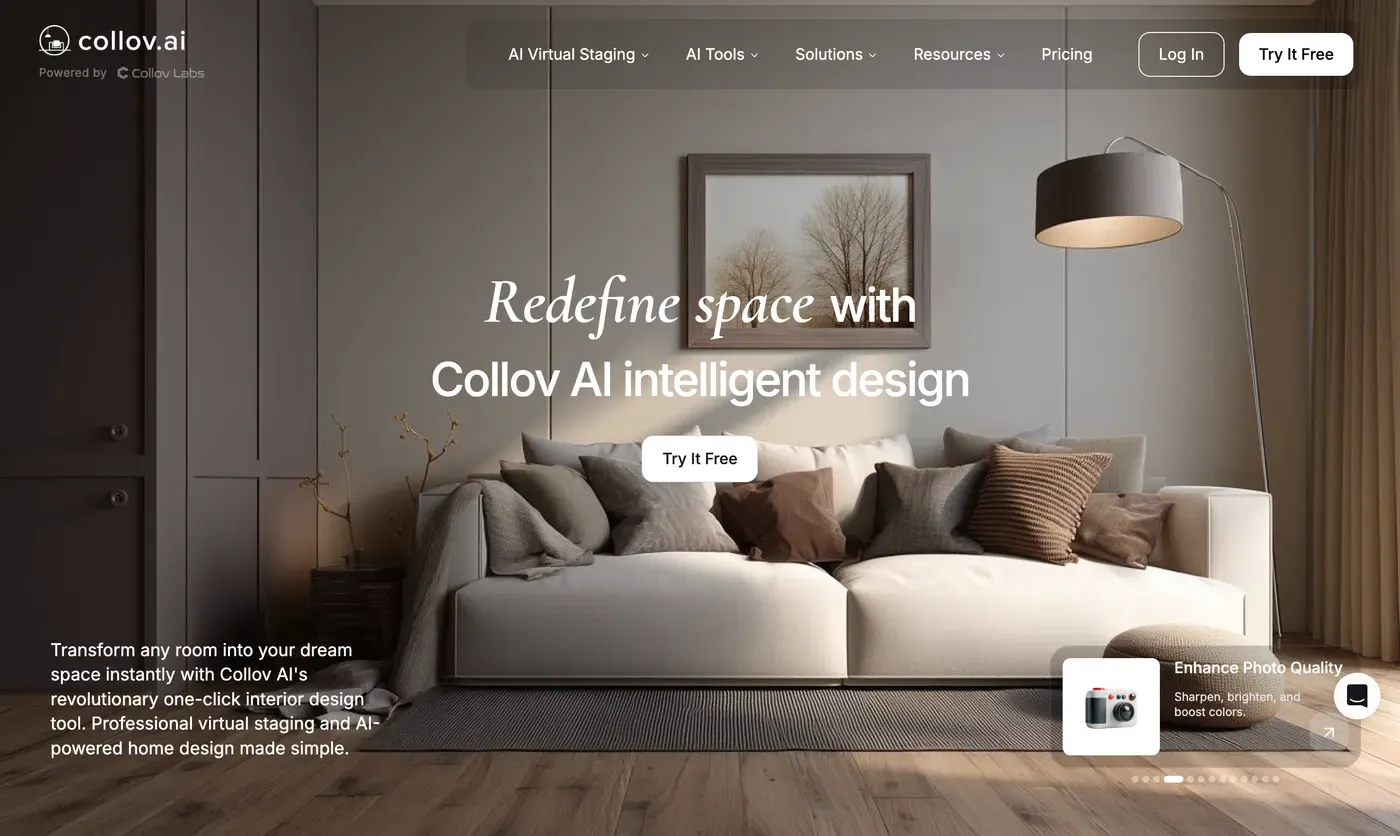 Collov.ai homepage headed 'Redefine space with Collov AI intelligent design' over a neutral staged living room, with AI Virtual Staging and AI Tools navigation, a try-it-free call to action and an Enhance Photo Quality panel for sharpening and boosting colours