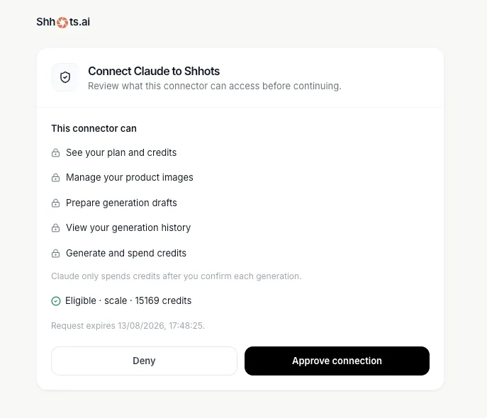 Shhots connector consent screen in Claude listing what the connector can access before approval