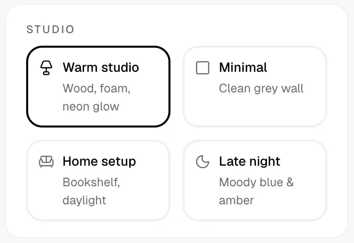 Studio picker in the Shhots AI podcast ad generator with four podcast sets: Warm studio with wood, foam and neon glow, selected, Minimal with a clean grey wall, Home setup with a bookshelf and daylight, and Late night with moody blue and amber light