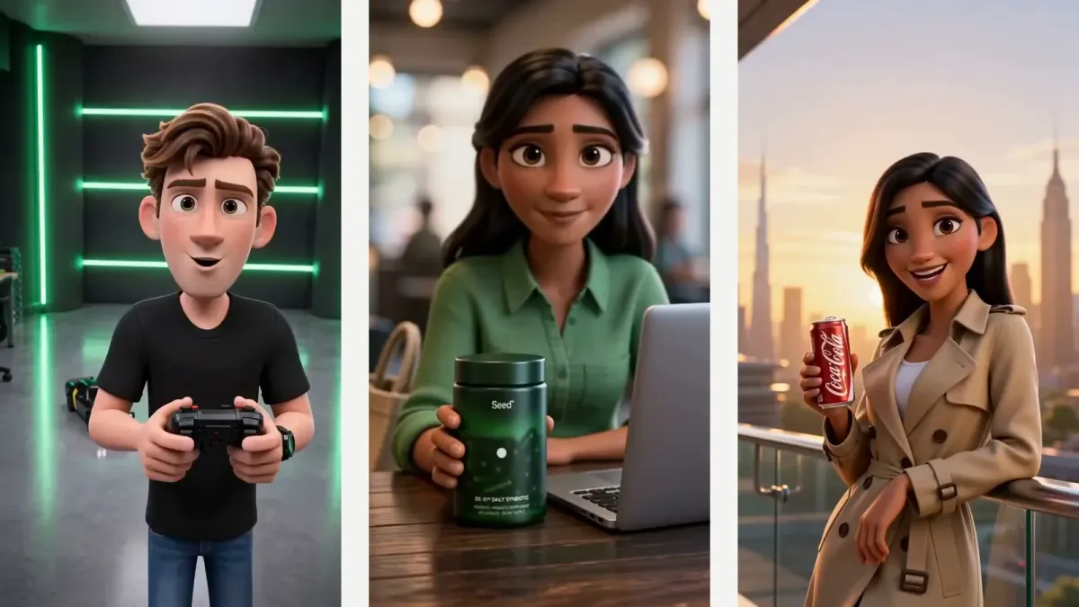 Three 3D animated video ads made with Shhots AI side by side: a young man in a black T-shirt holding a game controller in a garage with green neon lights, a woman in a green shirt holding a dark green supplement jar beside a laptop in a cafe, and a woman in a beige trench coat holding a red cola can on a terrace at sunset