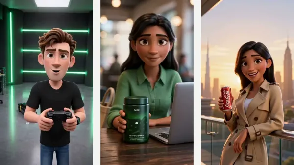 Three 3D animated video ads made with Shhots AI side by side: a young man in a black T-shirt holding a game controller in a garage with green neon lights, a woman in a green shirt holding a dark green supplement jar beside a laptop in a cafe, and a woman in a beige trench coat holding a red cola can on a terrace at sunset