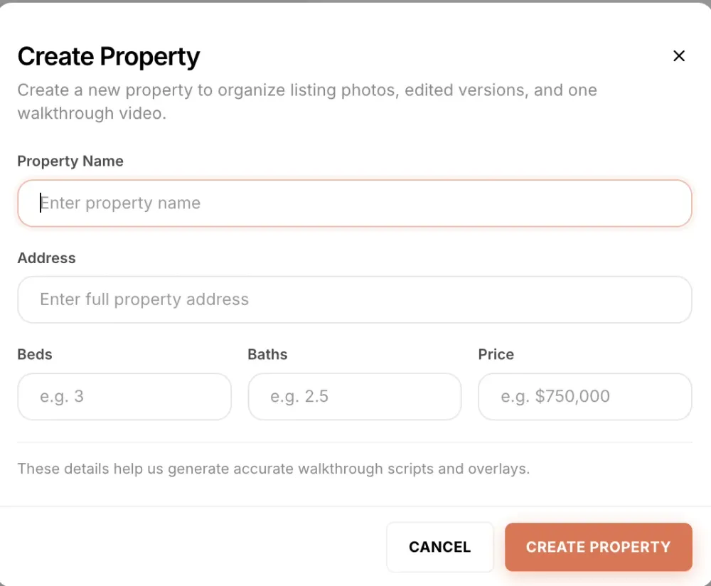 Step 1 of Shhots AI Real Estate Studio, the Create Property dialog with fields for property name, full address, beds, baths and price above the Create Property button