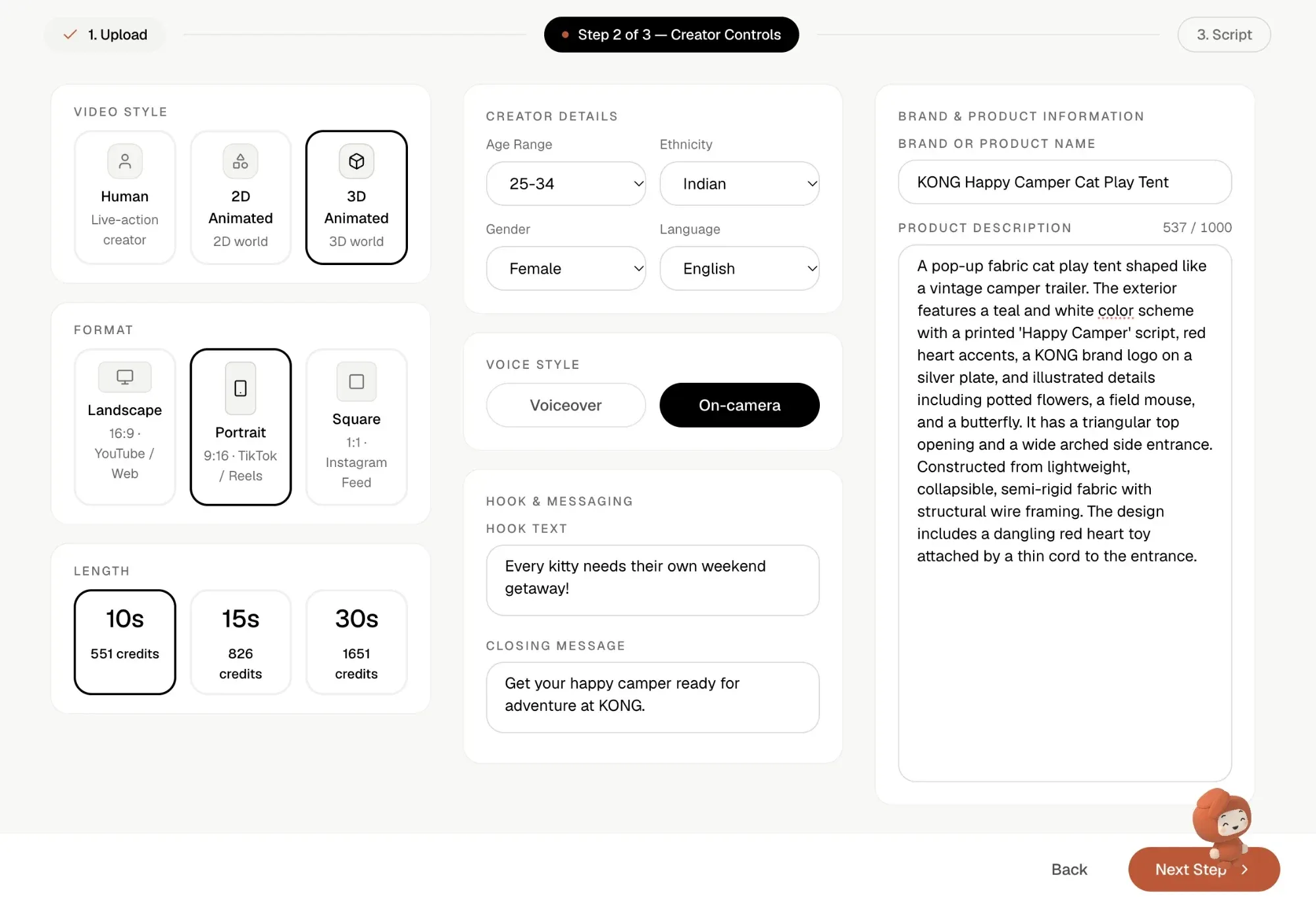 Step 2 of 3 Creator Controls screen in Shhots AI with 3D Animated selected, showing Format, Length with credit costs, Creator Details, Voice Style, Hook and Messaging, and Brand and Product Information fields