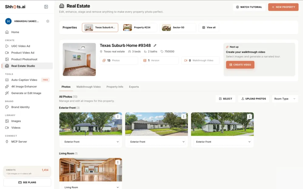 Step 2 of Shhots AI Real Estate Studio, the property dashboard for Texas Suburb Home showing 13 uploaded listing photos automatically grouped under Exterior Front and Living Room headings