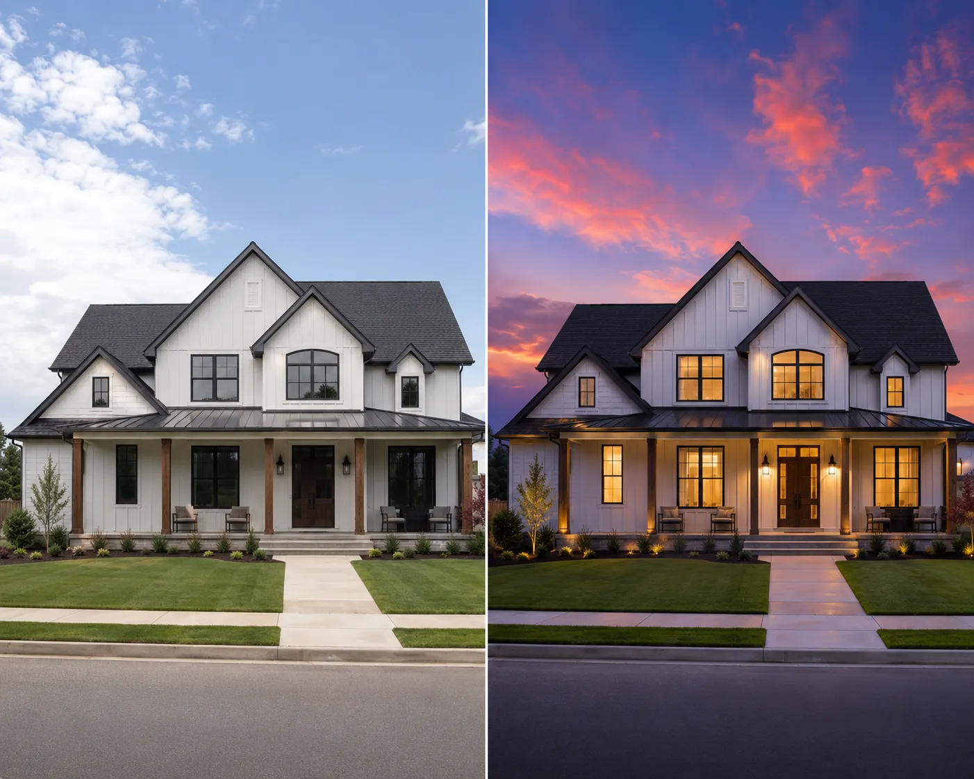 Virtual staging before and after of a daytime exterior listing photo converted to a warm twilight hero shot with relit facade and dusk sky