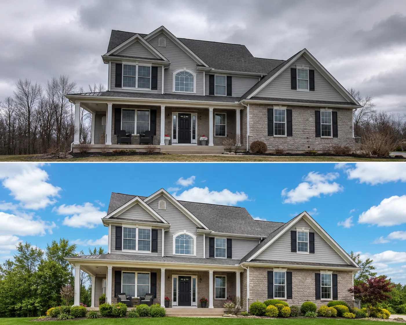 Virtual staging before and after of an exterior listing photo with AI sky replacement and lawn greening for a clean blue-sky, summer-green hero shot