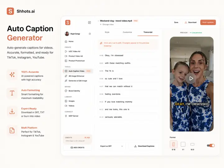 Shhots AI auto caption generator interface — an editable timestamped transcript beside a 9:16 live preview of a vlog with yellow burned-in captions, plus Export as SRT, Download Captions and 9:16, 1:1 and 16:9 format options
