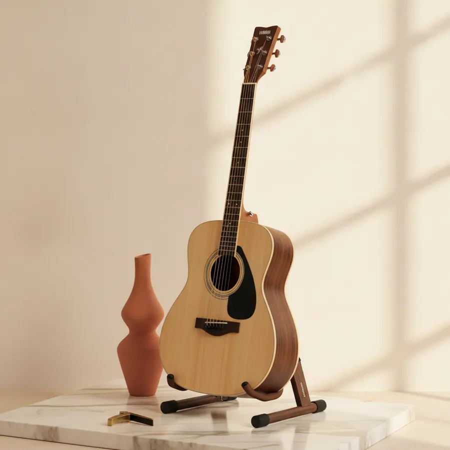AI product photography example: an acoustic guitar on a wooden stand atop a marble slab beside a terracotta vase and capo, lit by window light for a warm editorial product shot