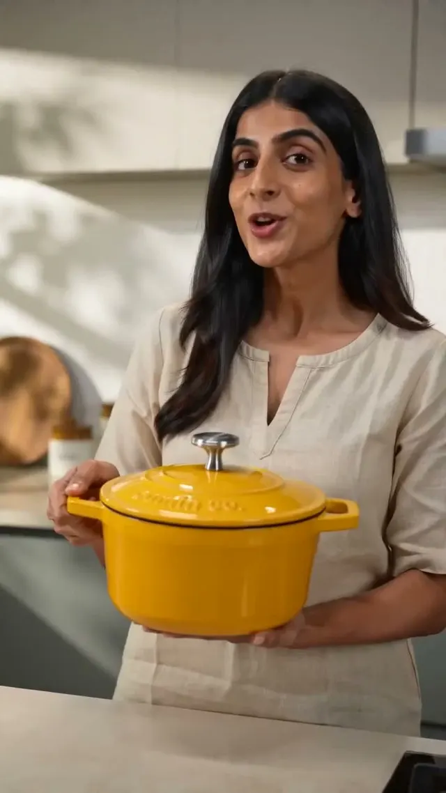 AI UGC video ad: a creator in a kitchen holding a yellow enamel cooking pot up to the camera, generated by Shhots AI