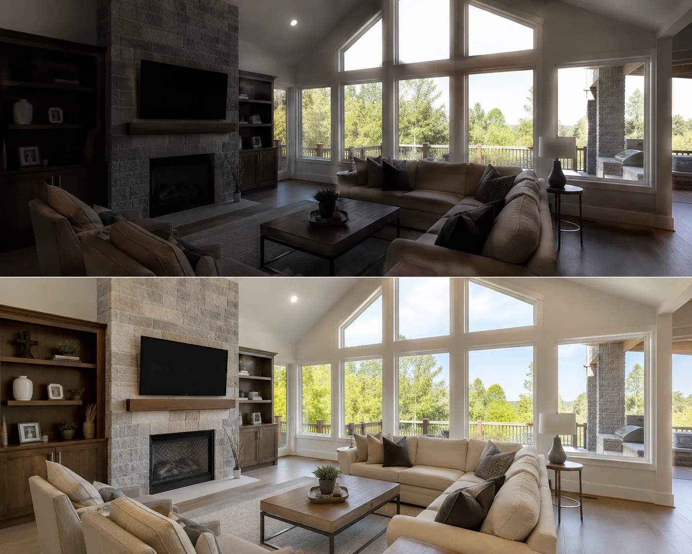 Virtual staging before and after of an interior listing photo with AI HDR exposure balancing, lifted shadows and recovered window highlights from a single exposure