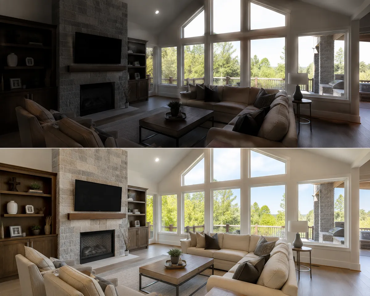 HDR real estate photography before and after, an interior listing photo with blown-out windows and dark corners balanced into one evenly exposed frame