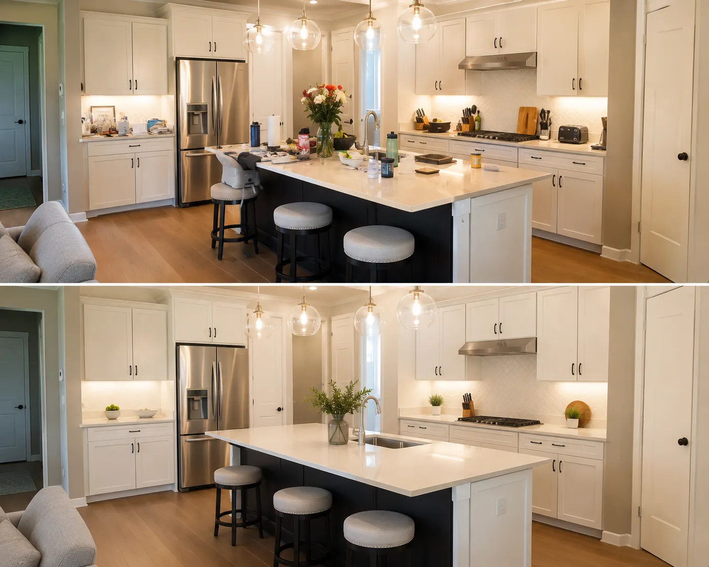 Virtual staging before and after of a kitchen listing photo with AI clutter removal, cleared countertops and reconstructed background for MLS-ready presentation