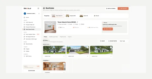 Shhots AI Real Estate Studio dashboard showing a property called Texas Suburb Home #9348 with listing photos auto-sorted into Exterior Front and Living Room groups