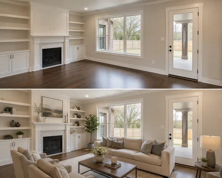 AI virtual staging on Shhots AI, a before-and-after of an empty living room virtually staged with modern furniture, matched lighting and natural shadows for a sold-ready listing