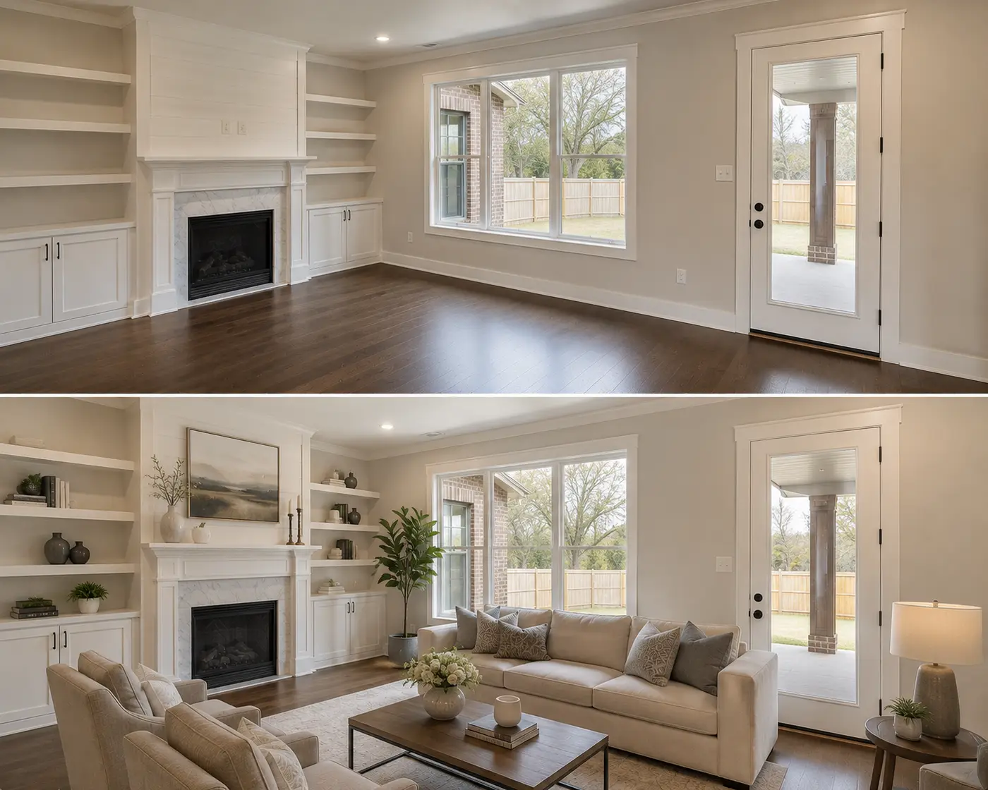 Before and after AI virtual staging, an empty living room virtually staged with modern furniture, matched lighting and natural shadows, while the fireplace, built-in shelving, windows and floors stay identical