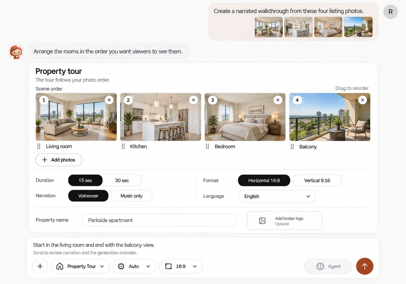 Property tour card in Shhots Agent with four numbered listing photos, living room, kitchen, bedroom and balcony, a Drag to reorder hint, duration, narration, format and language controls, a property name field reading Parkside apartment and an optional broker logo upload