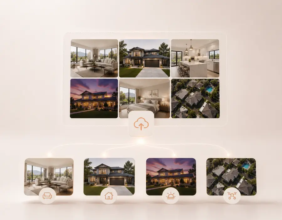 Step 1 of Shhots AI real estate photo editing — drag-and-drop upload of a full listing shoot of RAW interior and exterior photos for automatic AI enhancement