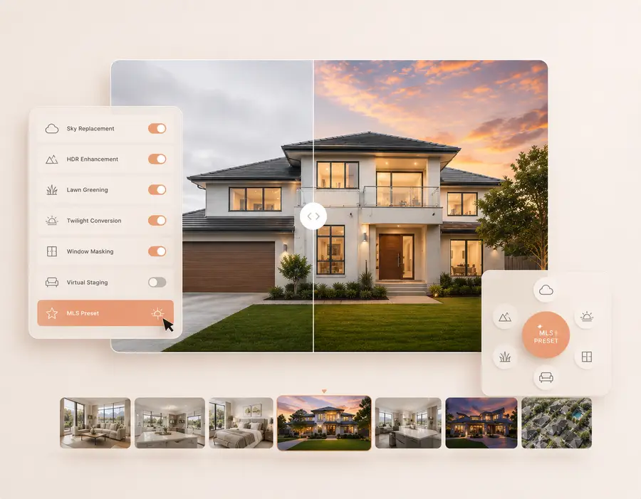 Step 2 of Shhots AI real estate photo editing — selecting AI enhancements like sky replacement, HDR balancing and lawn greening, or applying the one-click MLS preset