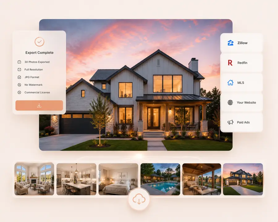 Step 3 of Shhots AI real estate photo editing — exporting a finished, watermark-free, MLS-ready listing photo at full resolution for Zillow, Redfin and the MLS