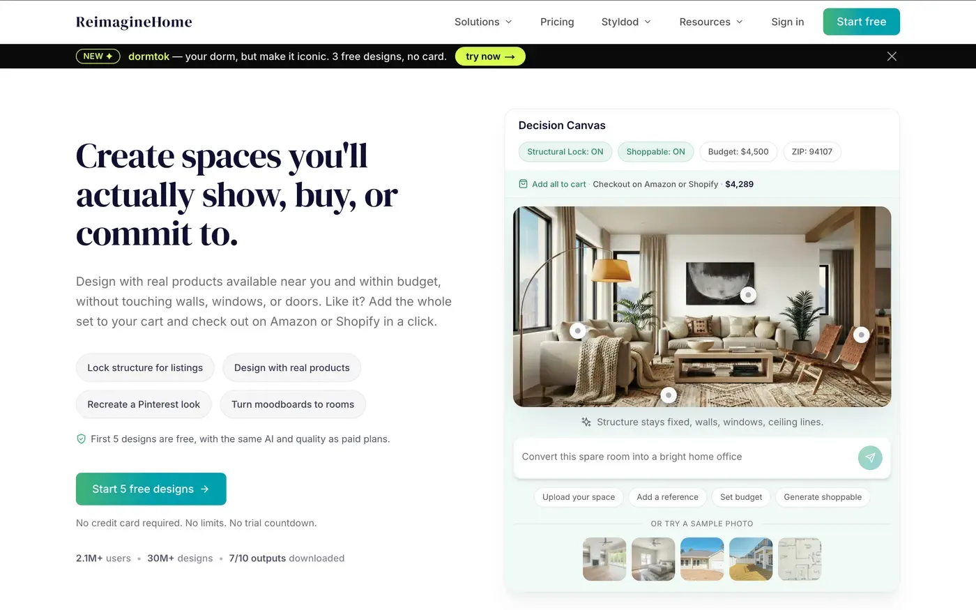 REimagineHome homepage headed 'Create spaces you'll actually show, buy, or commit to', offering five free designs with no credit card, a Decision Canvas panel with structural lock and shoppable Amazon or Shopify checkout, and a Styldod entry in the main navigation