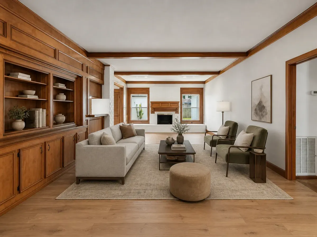 The same room after a staging pass with a custom request, furnished with a grey sofa, olive armchairs and a patterned rug, and with the parquet floor rendered as wide-plank oak and the right-hand timber panelling rendered as a painted white wall