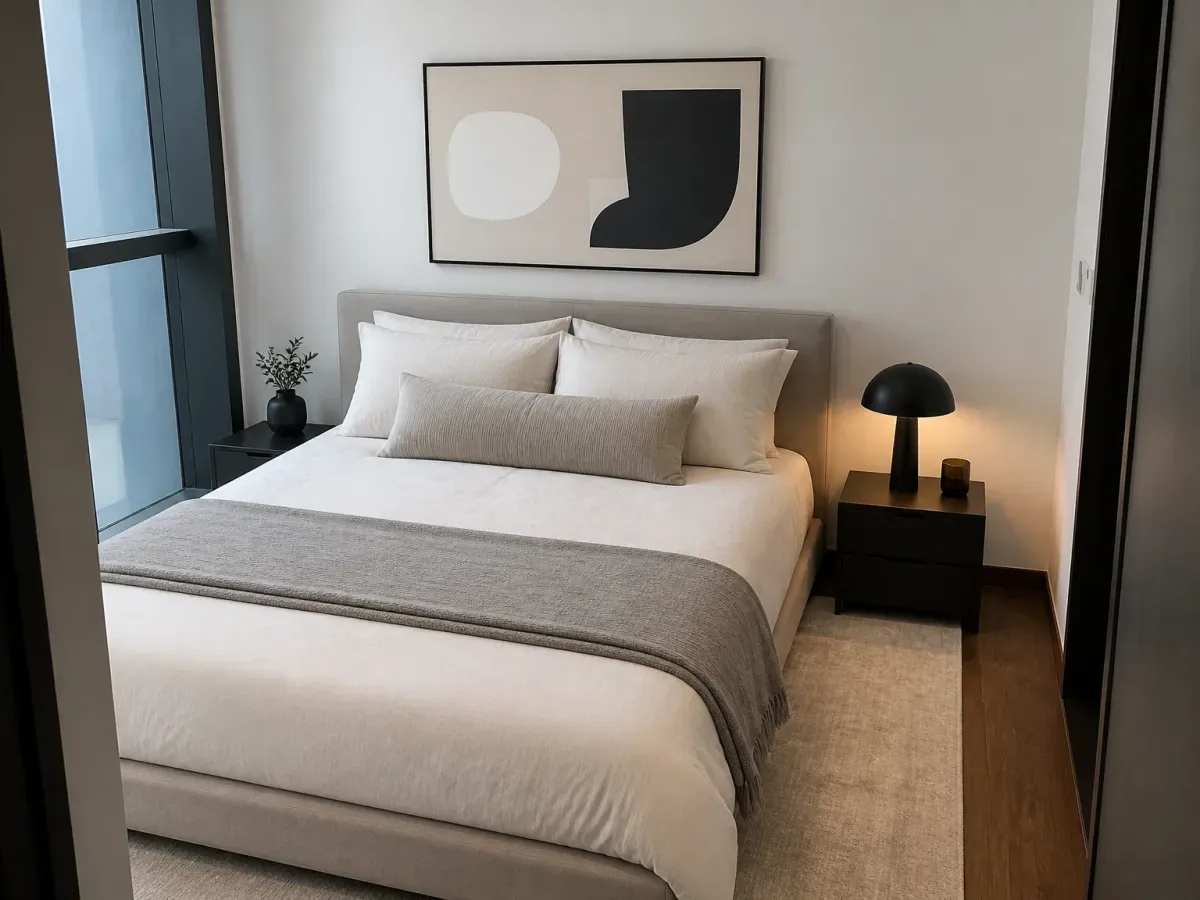 The same bedroom after AI restyling, with an upholstered grey headboard, layered white and oatmeal bedding, an abstract black and white canvas above the bed and a dark timber nightstand with a dome lamp