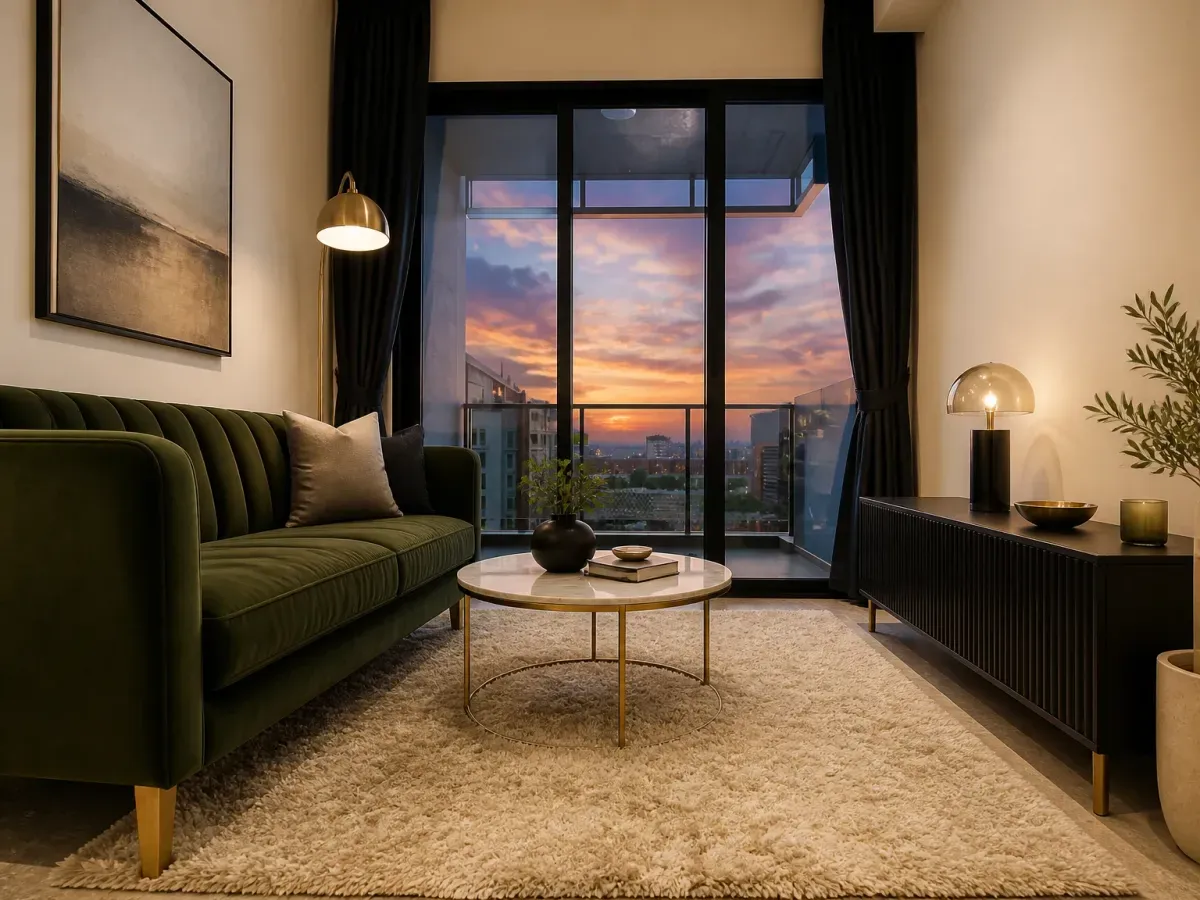 The same living room after AI restyling, with a green velvet sofa, marble coffee table, brass floor lamp and fluted dark media console, lit warmly against a dusk skyline through the same floor-to-ceiling windows