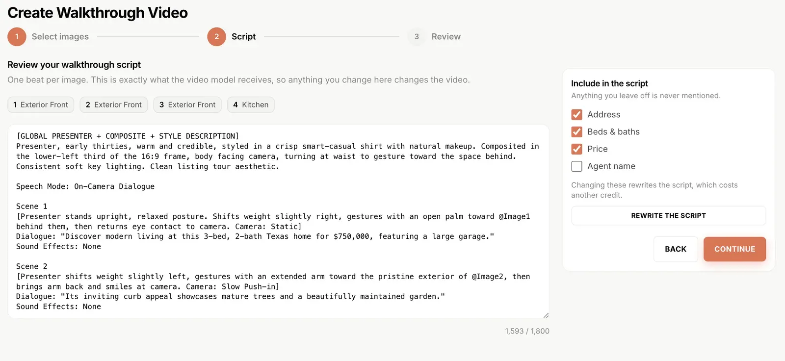 Walkthrough script editor in Shhots AI Real Estate Studio showing per-scene presenter direction, camera moves and dialogue, with Include in the script toggles for address, beds and baths, price and agent name