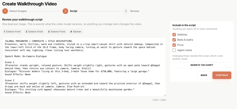 The Shhots AI walkthrough script editor showing per-scene presenter direction, camera moves and dialogue, with Include in the script toggles for address, beds and baths, price and agent name