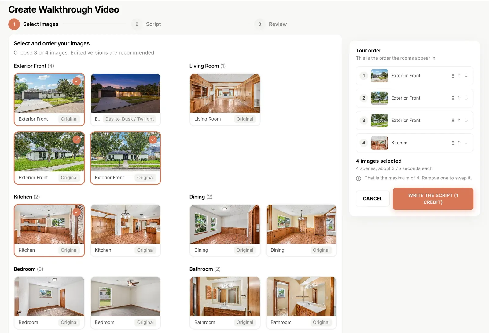 Create Walkthrough Video step one in Shhots AI, selecting four listing photos across Exterior Front, Living Room, Kitchen, Dining, Bedroom and Bathroom groups, with a numbered drag-and-drop tour order panel on the right