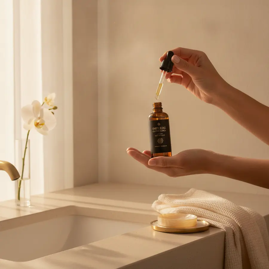 AI product photography example: hands holding an amber serum bottle and lifting the dropper in a sunlit bathroom scene with an orchid, brass tap and folded towel, shot in a warm lifestyle style