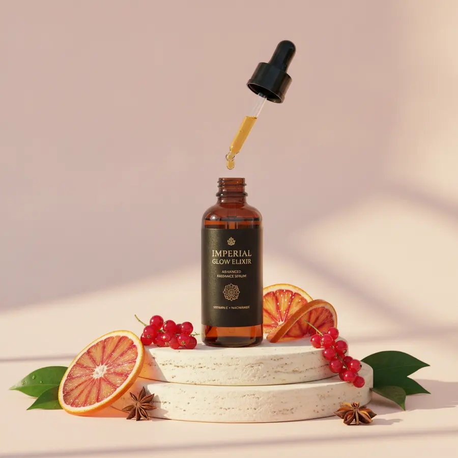 AI product photography example: an amber glass serum bottle with its dropper suspended mid-drip, staged on stacked travertine podiums with blood orange slices, red currants and star anise, lit with soft studio shadows on a blush backdrop