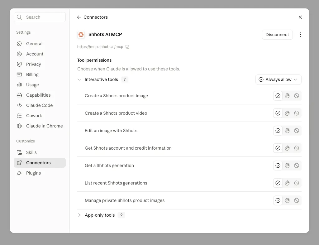 Shhots AI MCP connected in Claude's Connectors settings, showing the seven interactive tool permissions