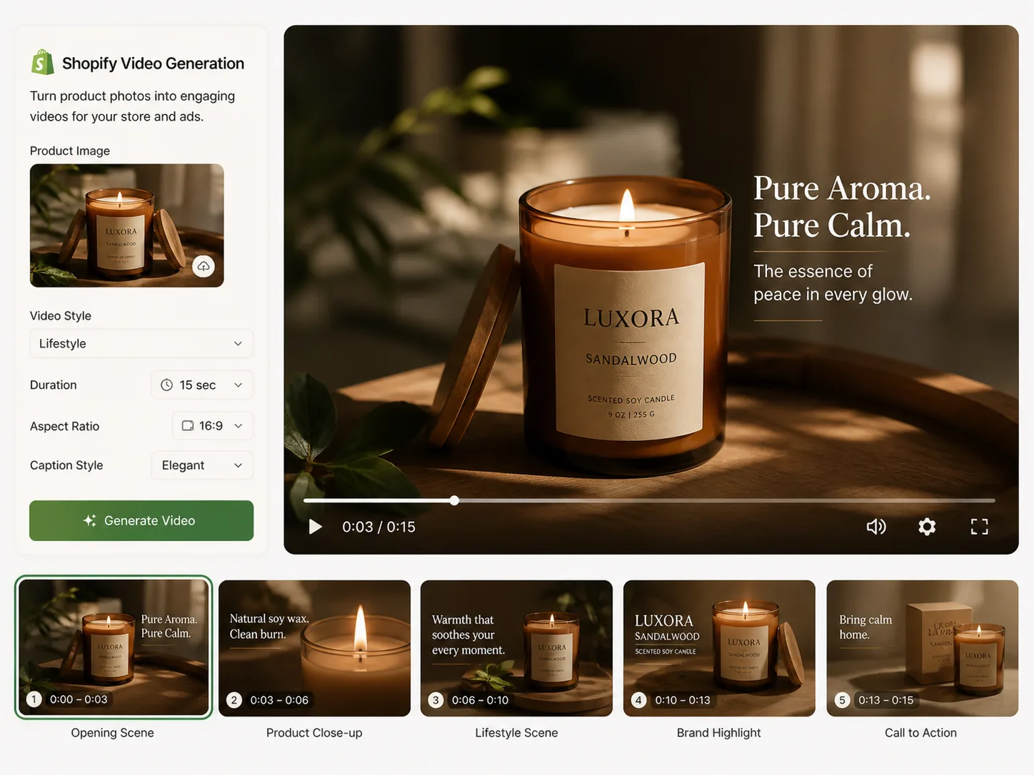 Shopify video generator — AI-generated product video for Shopify store pages, collections and paid ads